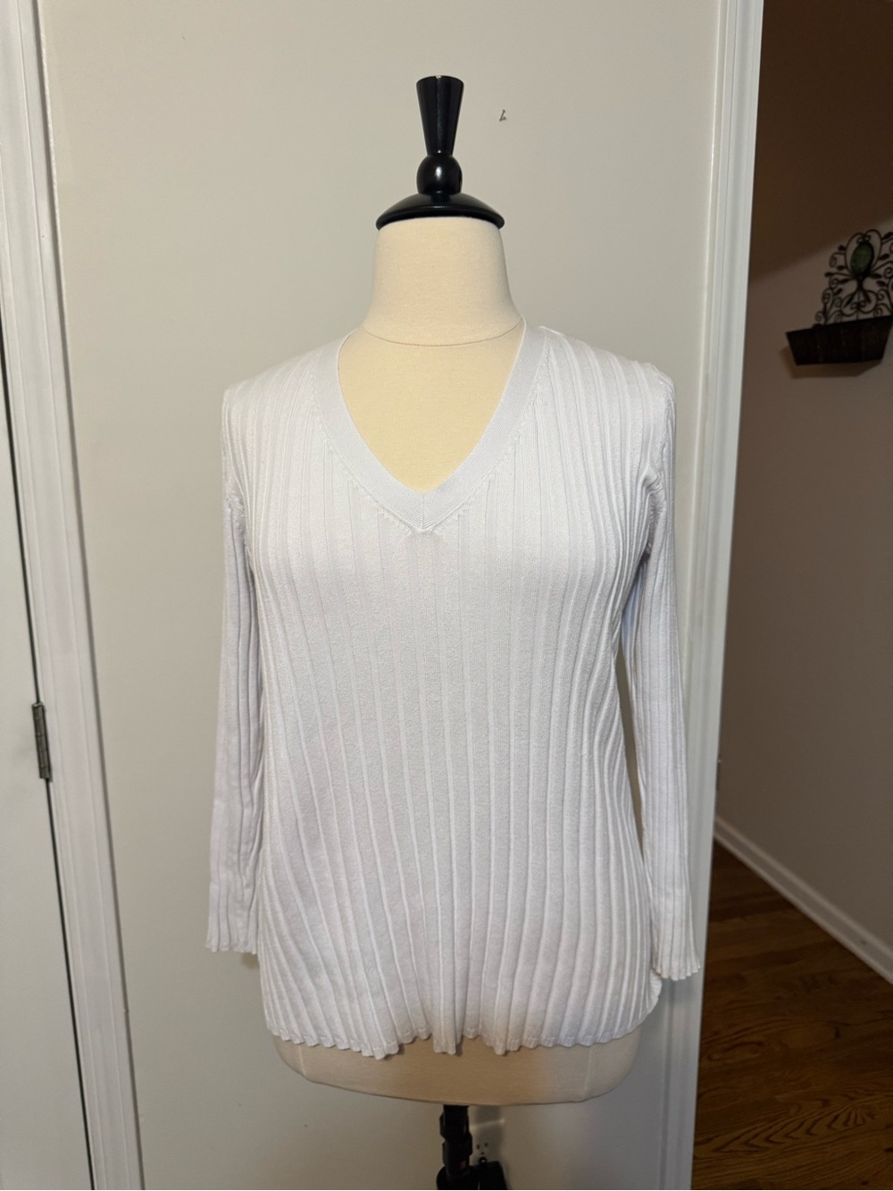 Ashley Stewart White Ribbed V-Neck Sweater